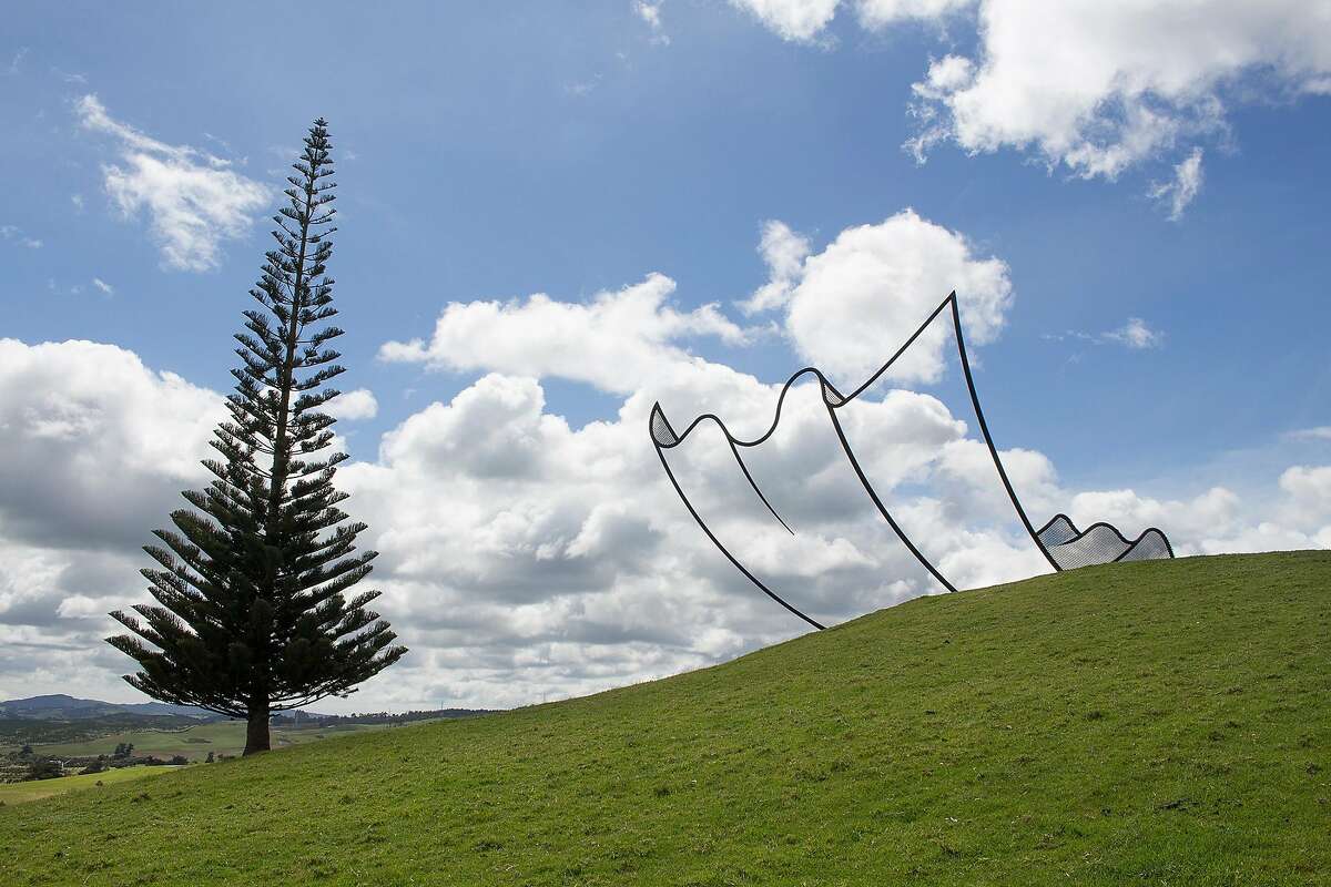 Gibbs Farm, private land on the North Island of New Zealand, is a setting for several large art pieces, including this one, a piece by Neil Dawson titled Horizons.