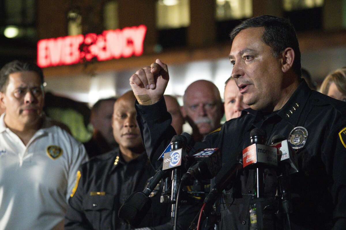 Houston Police Department Chief Art Acevedo addresses the media outside of the emergency department at Memorial Hermann Hospital in the Texas Medical Center, Monday, Jan. 28, 2019. Four officers were shot Monday afternoon, two of whom are described as critical but stable, while narcotics officers were attempting to serve a search warrant.