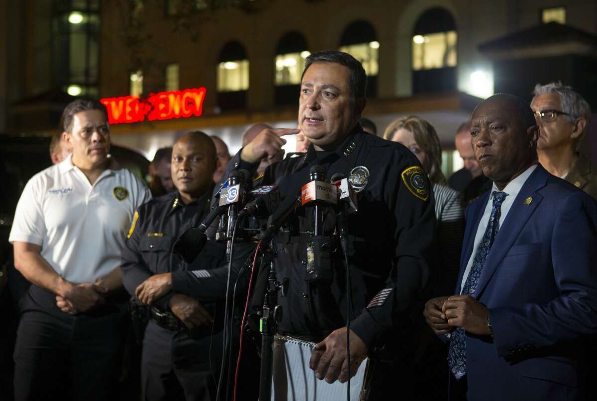Houston Police Department Chief Art Acevedo talks about the injuries sustained by officers while addressing the media outside of the emergency department at Memorial Hermann Hospital in the Texas Medical Center, Monday, Jan. 28, 2019. Four officers were shot Monday afternoon, two of whom are described as critical but stable, while narcotics officers were attempting to serve a search warrant.