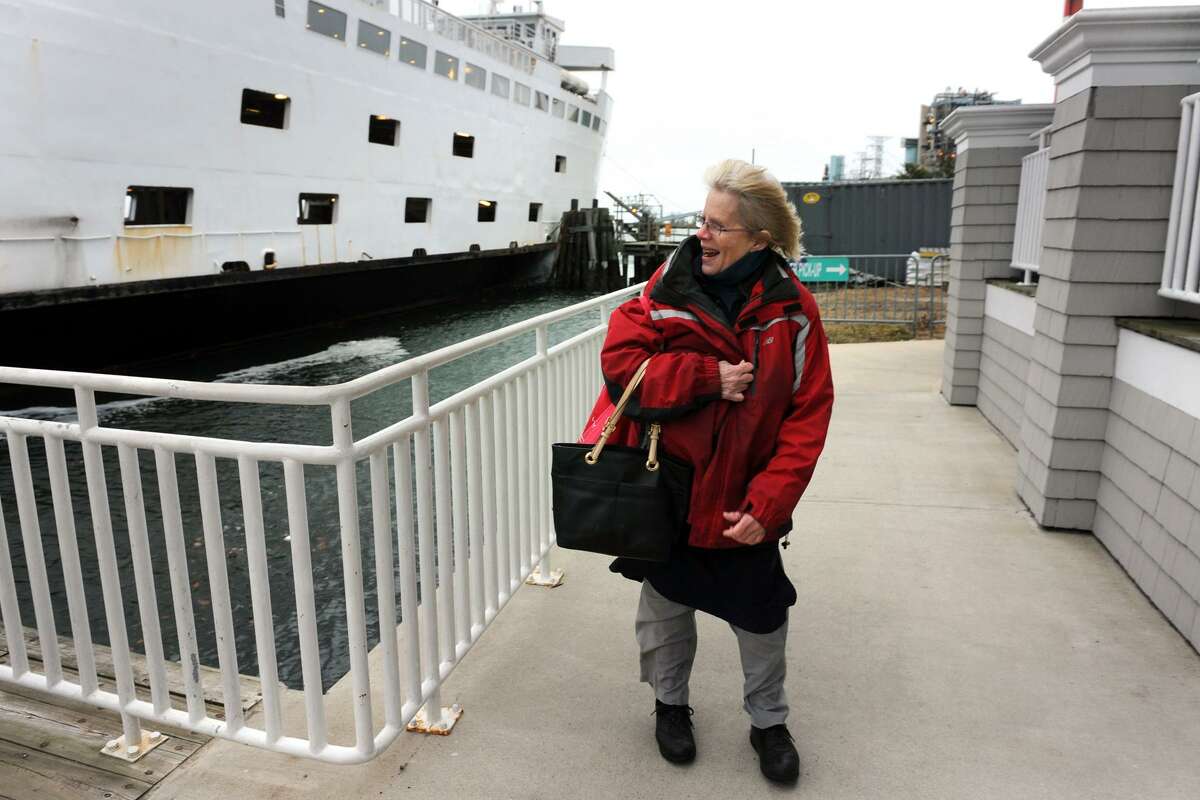 Noreen Benedetto, of Stratford, exits the Bridgeport-Port Jefferson ferry after service was suspended due to high winds and seas in January 2017.