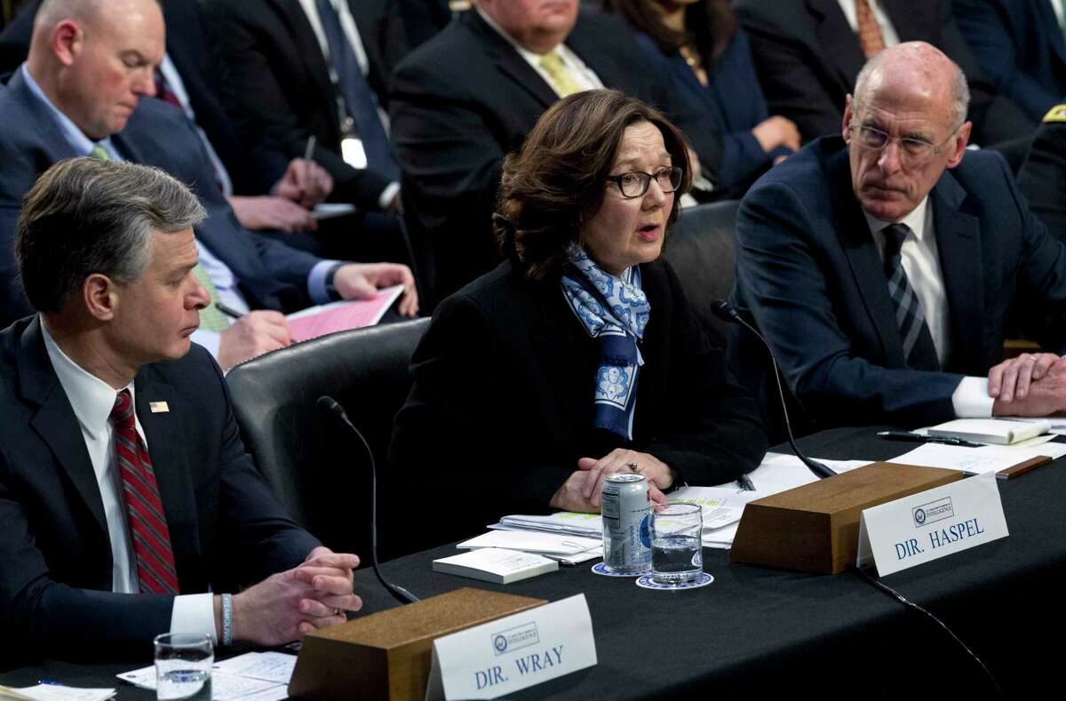CIA Director Gina Haspel accompanied by FBI Director Christopher Wray and Director of National Intelligence Daniel Coats testifies before the Senate Intelligence Committee on Capitol Hill in Washington Tuesday, Jan. 29, 2019.
