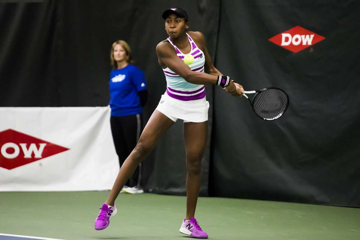 FILE — Coco Gauff of Florida, 14, returns the ball during a match against Ashley Kratzer of California, 19, during the Dow Tennis Classic on Tuesday, Jan. 29, 2019 at the Greater Midland Tennis Center. (Katy Kildee/kkildee@mdn.net)