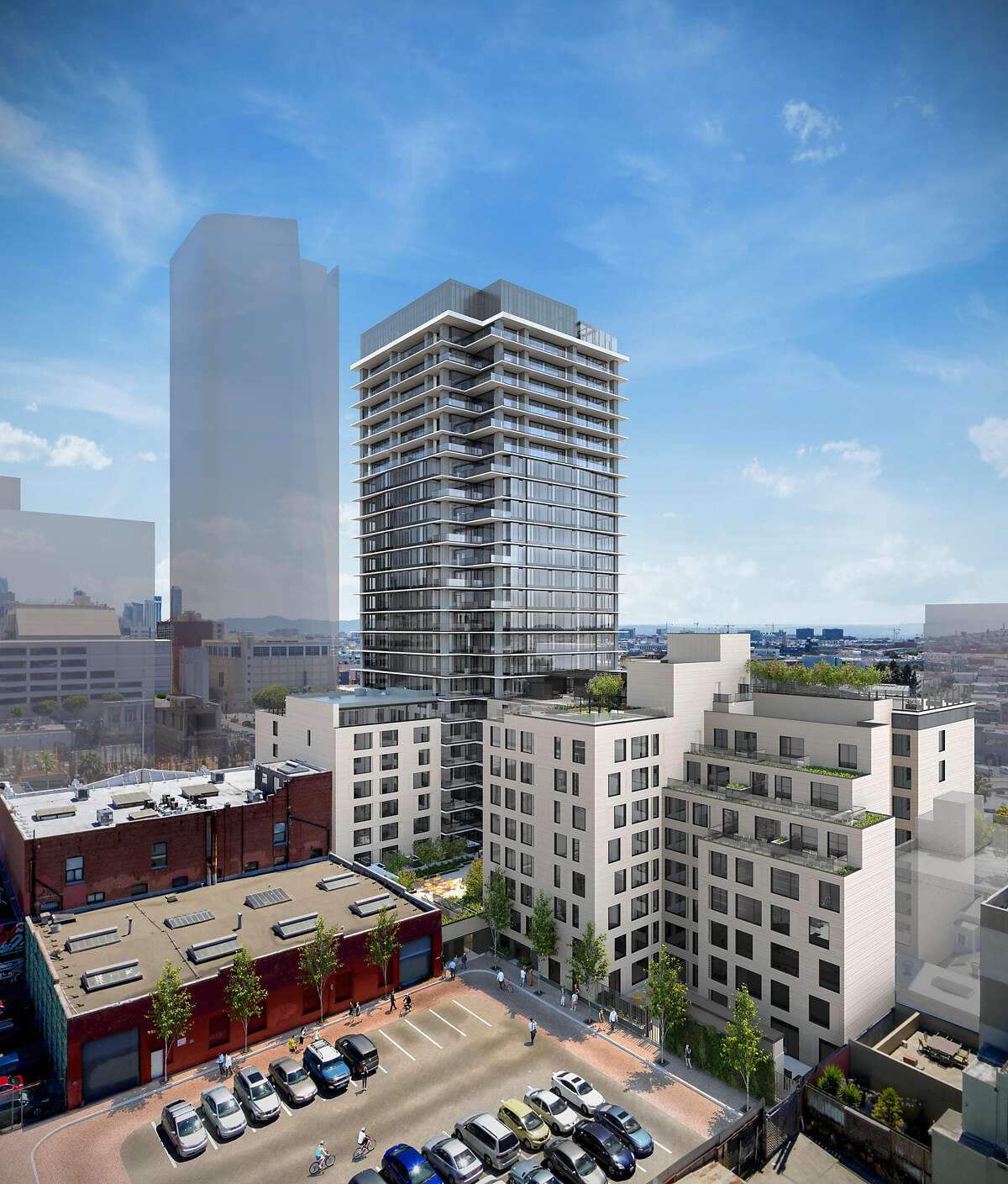 A rendering of the 30 Otis apartment tower, which will begin construction this winter near South Van Ness Avenue and Mission Street. It will include a home for the City Ballet School, and is the second high-rise development project within the area that San Francisco planners are calling the Hub.