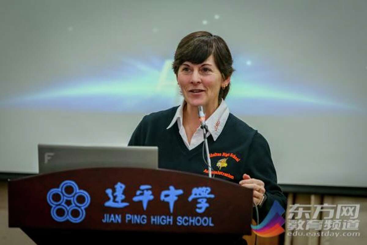 Shelton High Headmaster Beth Smith is shown at an education conference in Shanghai in 2018.