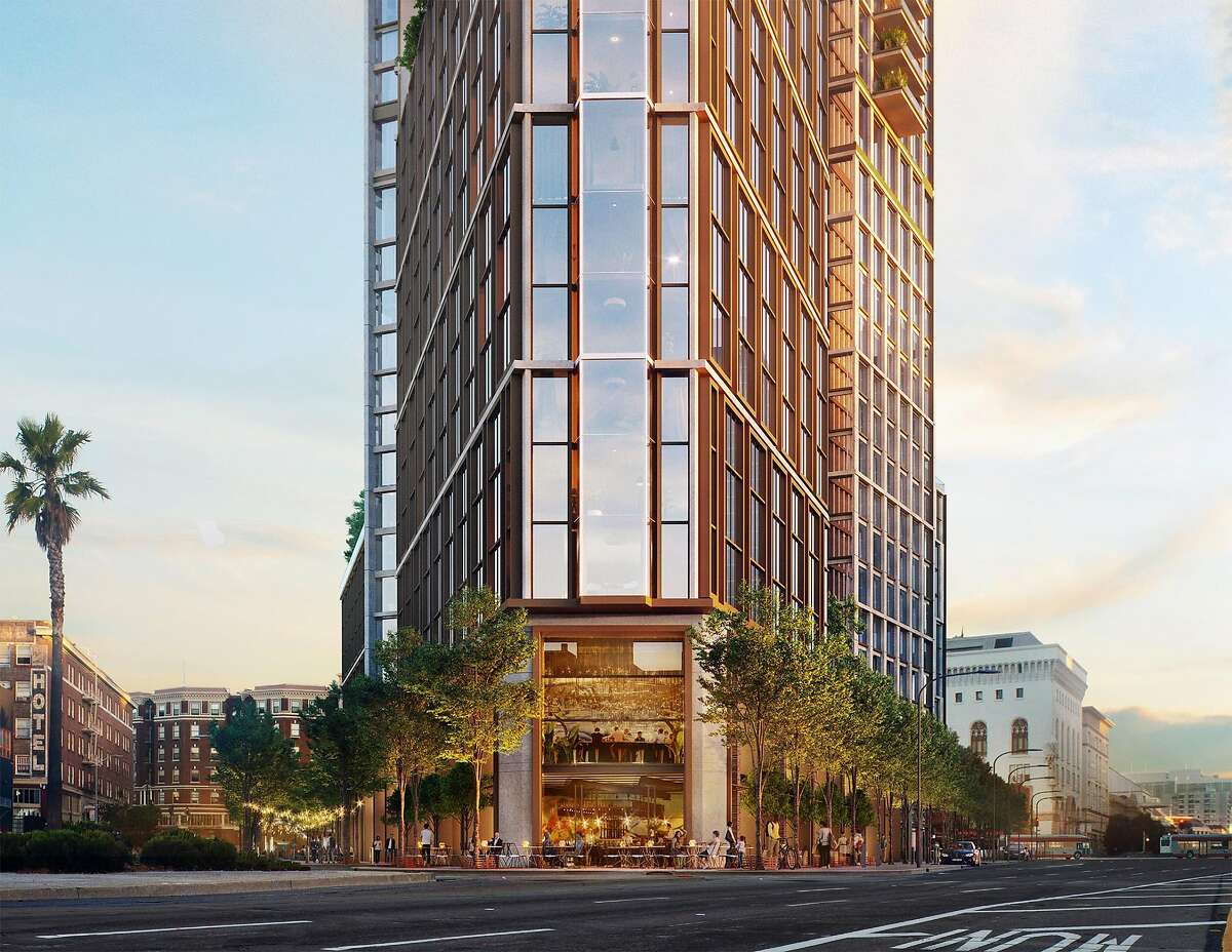 A rendering of the proposed 10 South Van Ness project that was presented to the San Francisco Planning Commission on Jan. 17, 2019. The project would include 984 apartments in a 590-foot residential tower, with two levels of retail and related activities in a through-block galleria at the base. The building proposed by developer Crescent Heights would replace a closed Honda dealership.