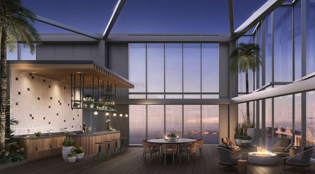 A full-floor, 8,482-square-foot penthouse in the Avery building at 488 Folsom in San Francisco is comprised of four bedrooms, six bathrooms, two powder rooms, a dedicated library, media room, gym, family room, formal living and dining rooms, and a sprawling private rooftop.