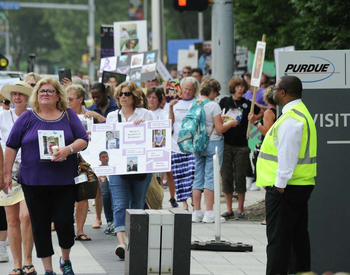 Vigil and protest against Purdue Pharma, the maker of the drug OxyContin, an opioid pain-relief medication, outside of Purdue Pharma's Headquarters in Stamford, Conn., August 17, 2018. Protestors at the rally said that OxyContin is highly addictive and can be directly blamed for the opioid-related deaths and overdoses of their loved ones.