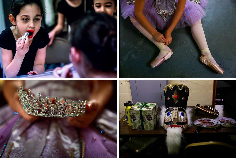 From top left - bottom right: 1) Evangeline Barnett , 6, (left) puts on makeup during the Nutcracker rehearsals. 2) Grace Rosendin gets her pointe shoes on during a dress rehearsal. 3) Grace Rosendin holds one of her tiaras during rehearsals for the Nutcracker. 4) Proprs are arranged on a table backstage during dress rehearsal for the Nutcracker. Photo: Gabrielle Lurie / The Chronicle