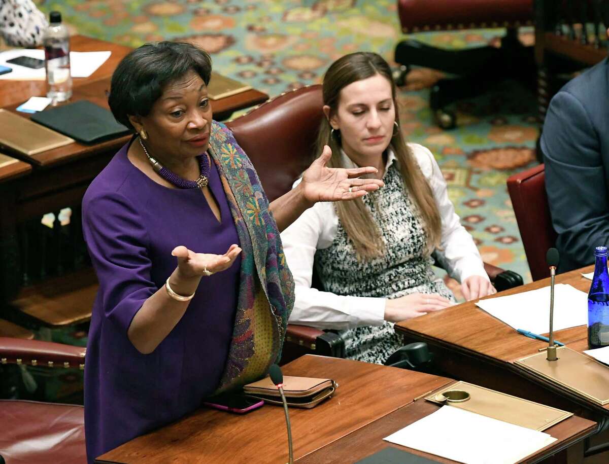 Senate Majority Leader, Andrea Stewart-Cousins, D-Yonkers, explains her vote as Senate members debate new legislation reforms to protect New Yorkers from gun violence in the Senate Chamber at the state Capitol on Tuesday, Jan. 29, 2019, in Albany, N.Y.