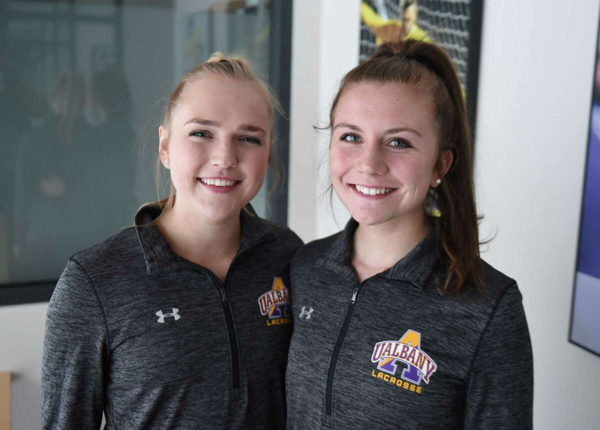 University at Albany lacrosse players, and Shenendehowa graduates; Jordyn Marr, left, and Kendra Harbinger, right, during a team media day event on Wednesday, Jan. 30, 2019, at Casey Stadium in Albany, N.Y. (Will Waldron/Times Union)