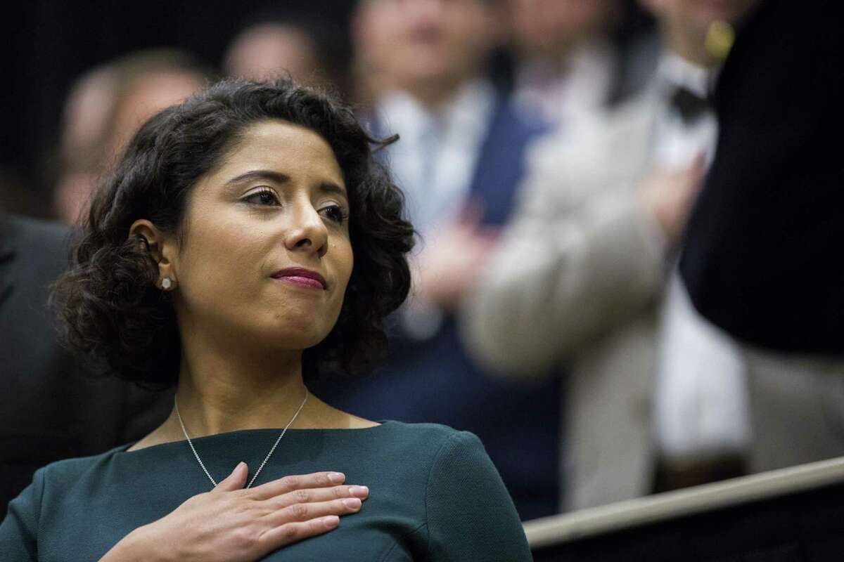 Harris County judge Lina Hidalgo joins an audience of over 2,000 people in Pledge of Allegiance during the Harris County Swearing-In Ceremony and Celebration at the NRG Center on Tuesday, Jan. 1, 2019, in Houston.