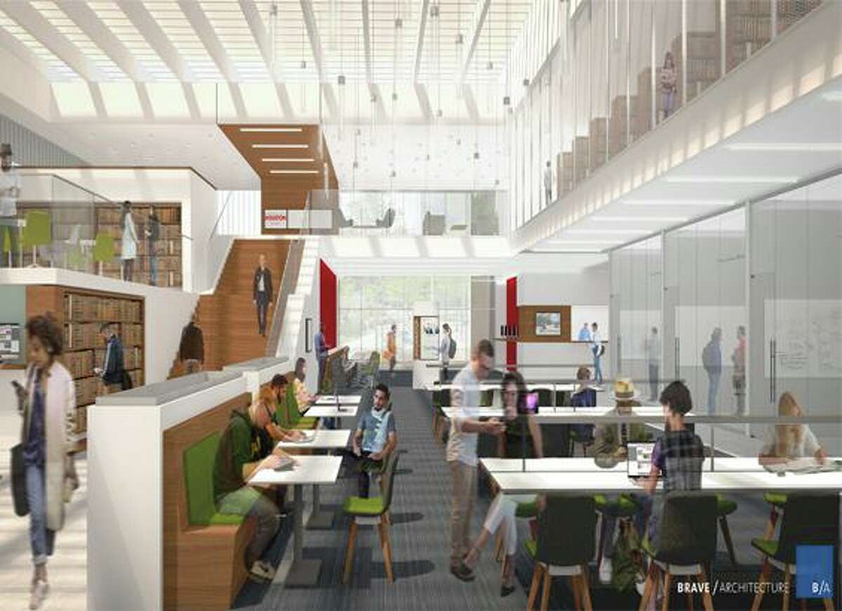 The University of Houston has raised $10 million toward a new law center and is requesting $60 million from state legislators. These preliminary conceptual renderings show the new law center's exterior and an interior view of a new library.