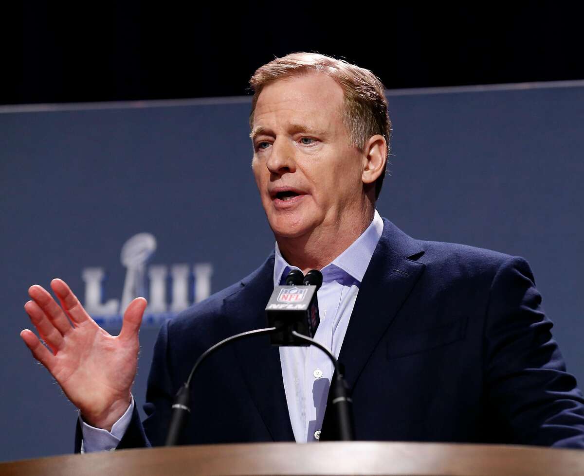 ATLANTA, GA - JANUARY 30: NFL Commissioner Roger Goodell speaks during a press conference during Super Bowl LIII Week at the NFL Media Center inside the Georgia World Congress Center on January 30, 2019 in Atlanta, Georgia. (Photo by Mike Zarrilli/Getty Images)
