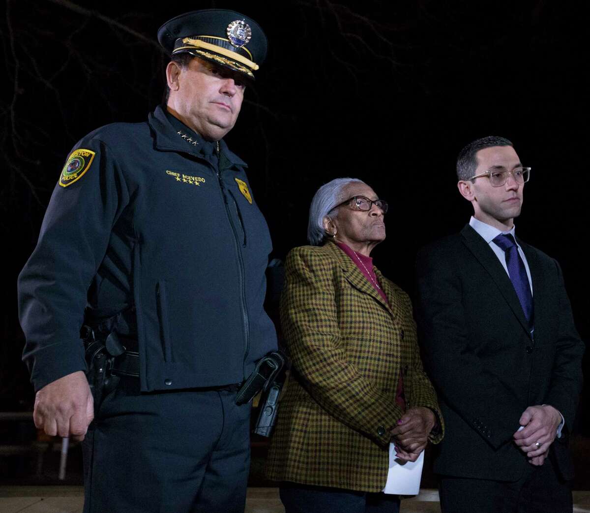 Houston Police Chief Art Acevedo, from left, Era Howard, mother of murdered officer Elston Howard, and Houston Police Officers' Union President Joseph Gamaldi are photographed during a press conference after Robert Jenning's execution on Wednesday, Jan. 30, 2019, in Huntsville. Howard was fatally shot by Jennings on July 19, 1988.