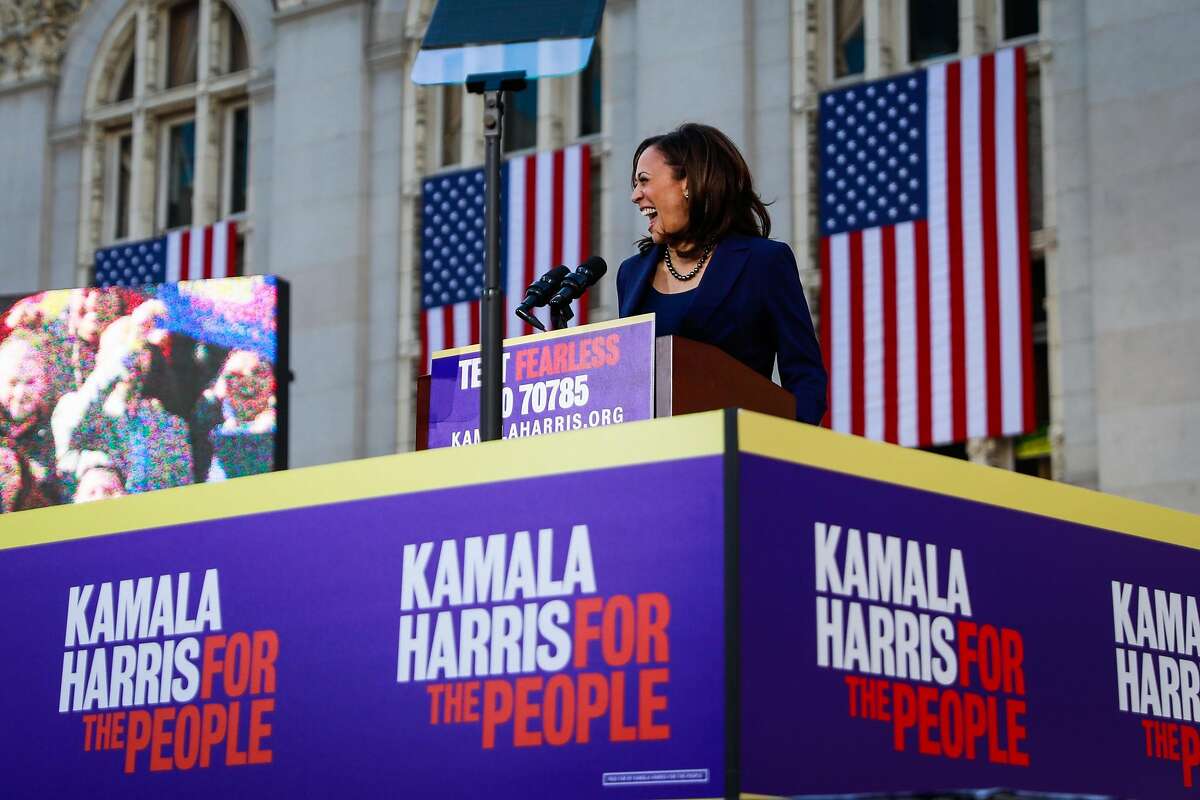 Senator Kamala Harris laughs as she gives a speech at her first presidential campaign rally in her hometown of Oakland, California, on Sunday, Jan. 27, 2019.