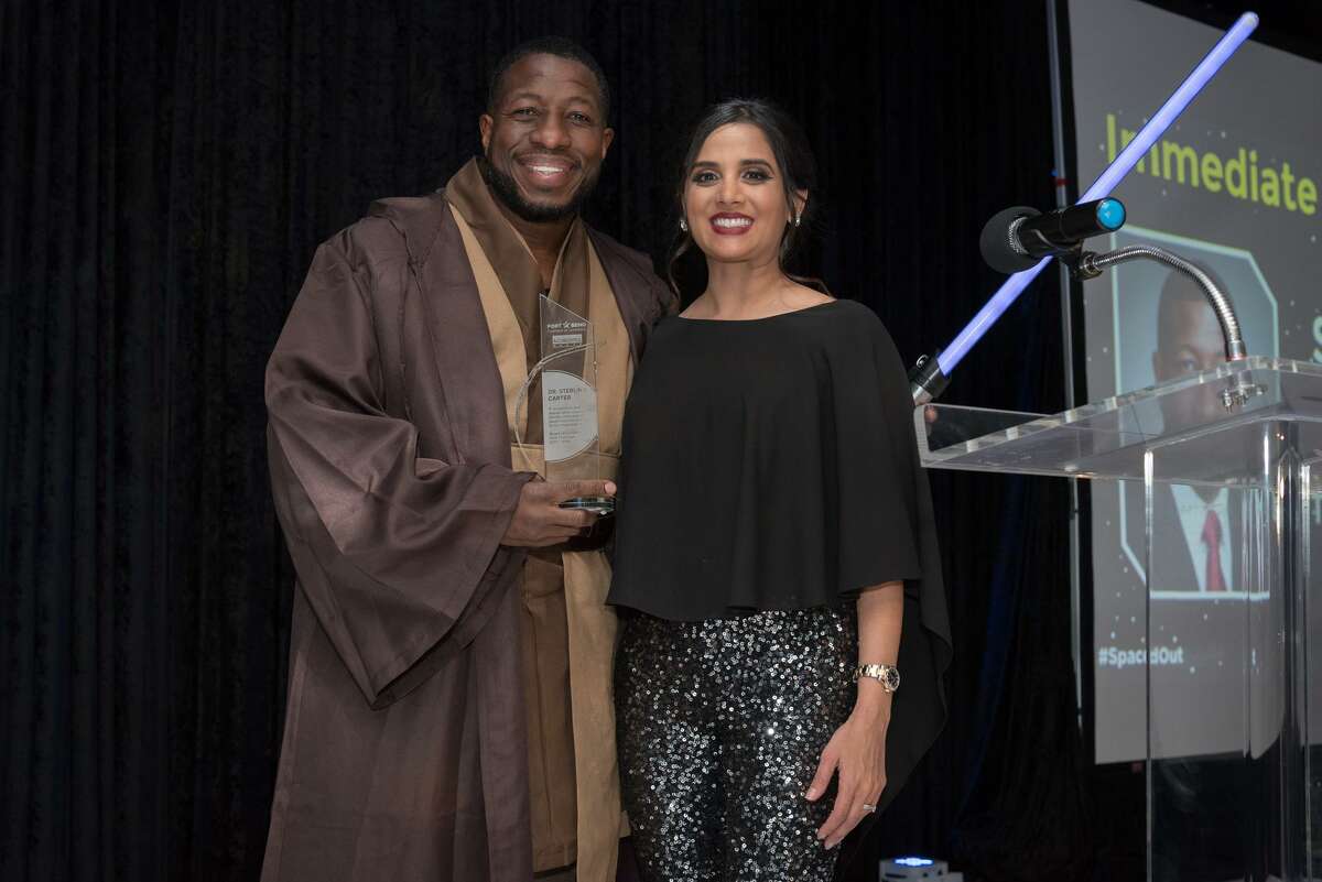 The Fort Bend Chamber of Commerce held the Chairman’s interGALActic celebration on Friday, Jan. 25, at Safari Texas Ranch in the Infinity Ballroom. Pictured here are Sterling Carter and Malisha Patel.