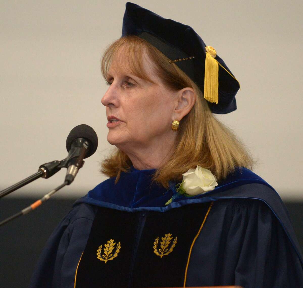 Superintendent of Schools Dr. Colleen Palmer speaks to the graduates during the Staples High School Class of 2018 commencement exercises Friday, June 22, 2018, in Westport, Conn.