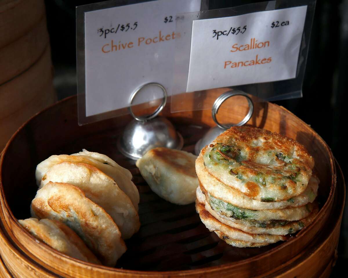 Organic dim sum is displayed at the Tru Gourmet food stand at the Grand Lake Farmers Market in Oakland, Calif. on Saturday, Jan. 19, 2019.