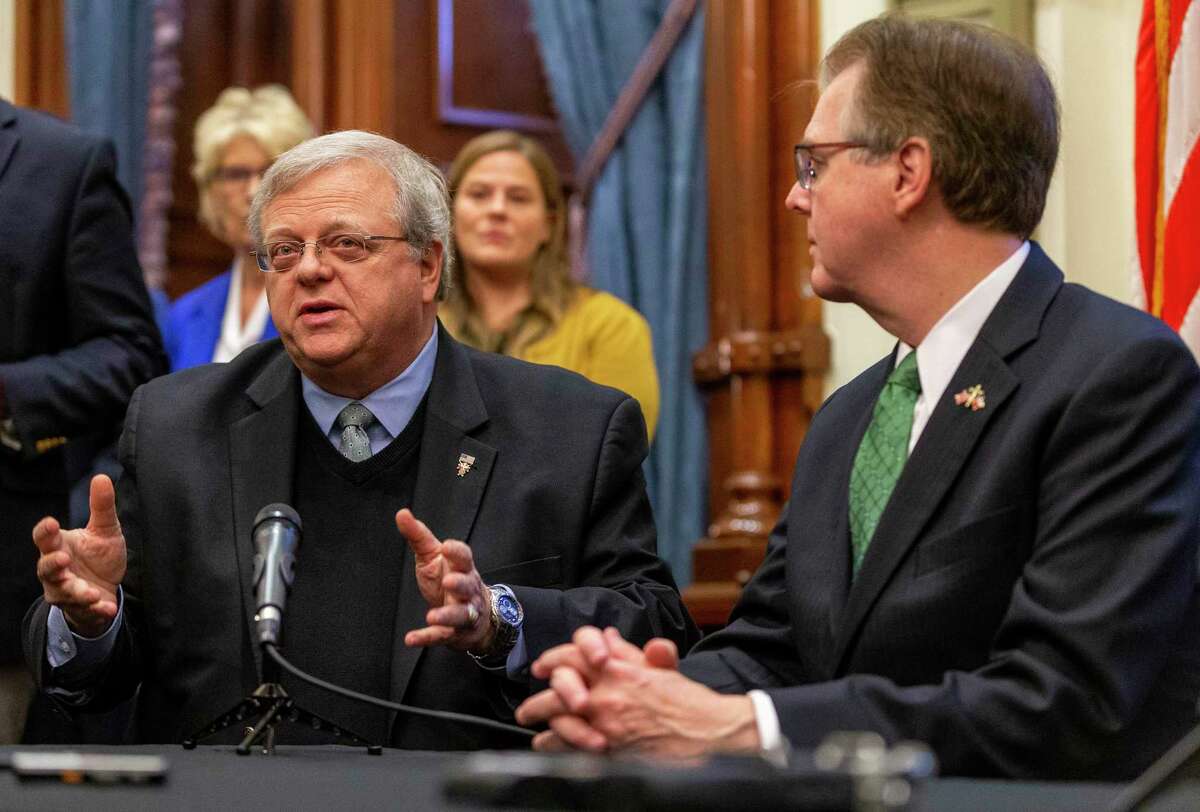 Lt. Gov. Dan Patrick and State Sen. Paul Bettencourt, R-Houston, announce a tax reform plan at the State Capitol in Austin, Wednesday, Jan. 31, 2019.(Stephen Spillman / for Express-News)