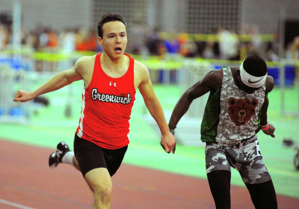 Greenwich's Zane Nye competes in the 55 meter dash during FCIAC Track Championship action in New Haven, Conn., on Thursday Jan. 31, 2019.