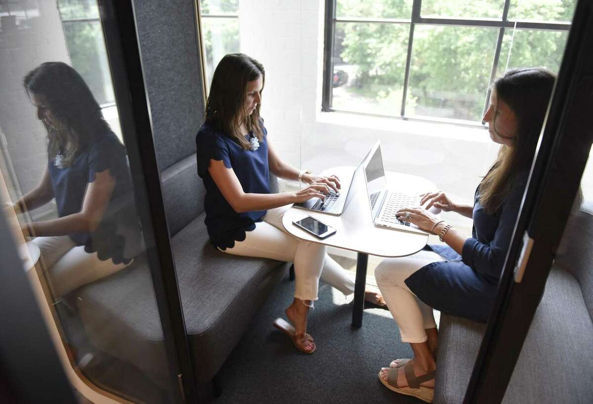 Greenwich Moms bloggers Megan Sullivan (left) and Layla Lisiewski in July 2018 at Work Well Win in Greenwich, Conn. Startups and established companies alike are increasingly interested in securing office space on flexible terms at coworking spaces, and otherwise using less space as illustrated by smaller average lease sizes in 2018 in southwestern Connecticut.