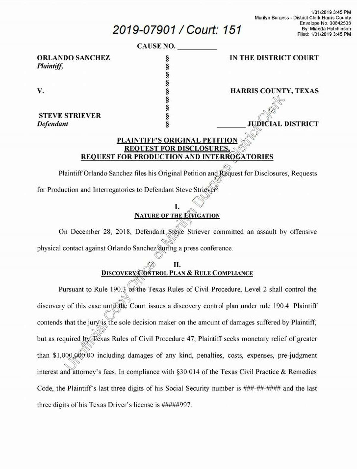 Former Harris County treasurer Orlando Sanchez filed a lawsuit against a man who allegedly poured water on him during a press conference in December.
