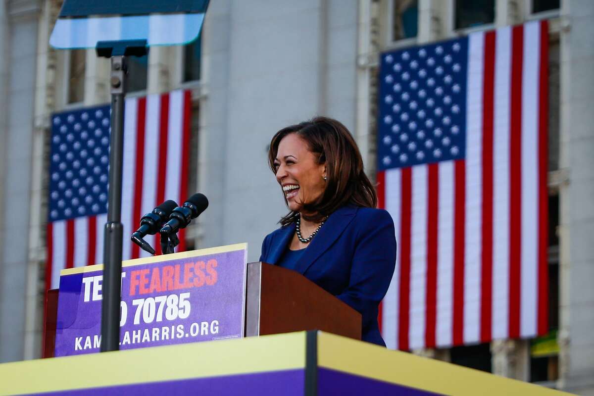 Senator Kamala Harris laughs while making speech at her first presidential campaign rally in her hometown of Oakland, California, on Sunday, Jan. 27, 2019.