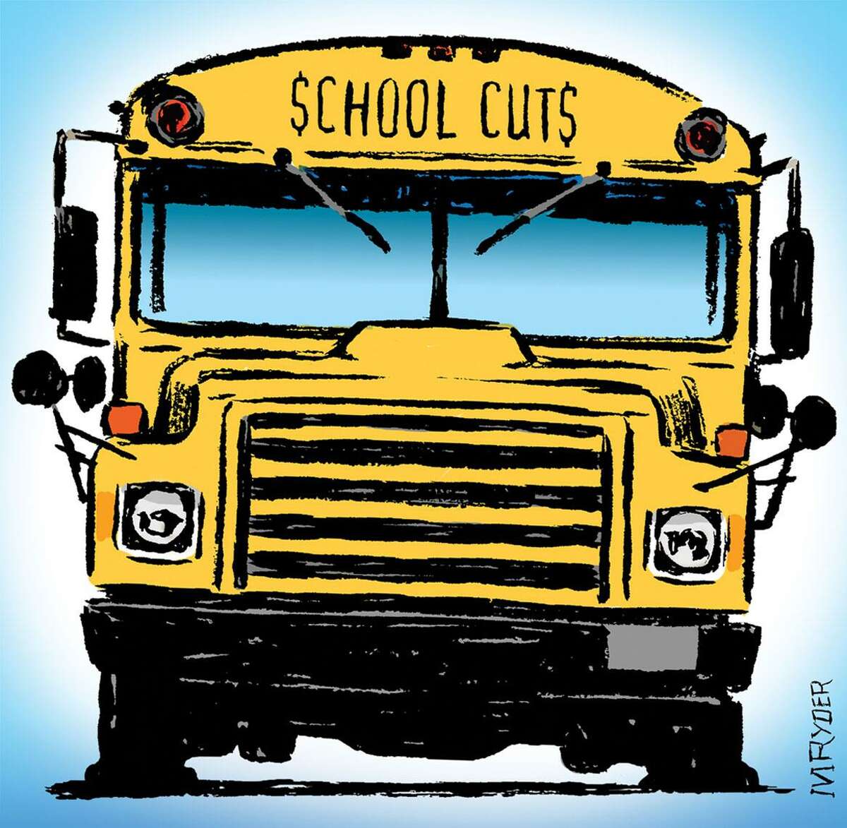 This artwork by M. Ryder relates to cuts in funding for public schools.