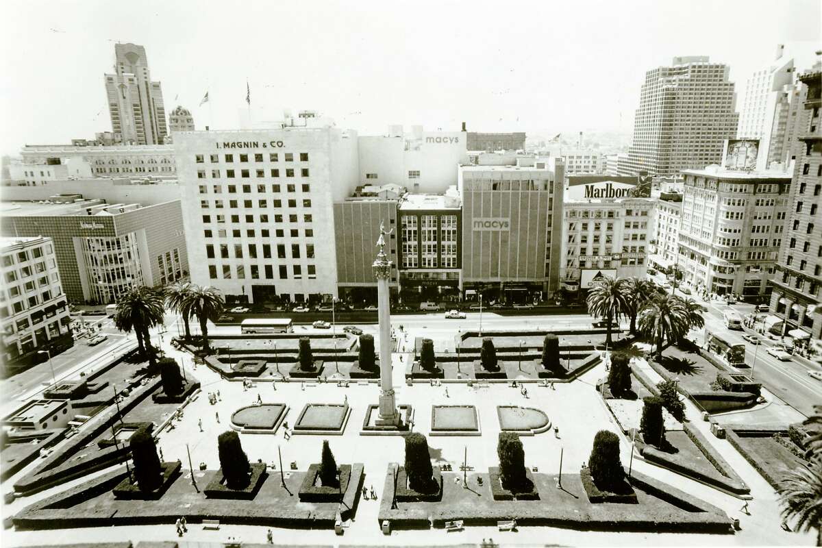 Macy's and I Magnin & Co once anchored Union Square in San Francisco. Date not specified on photo. Early 1980s?