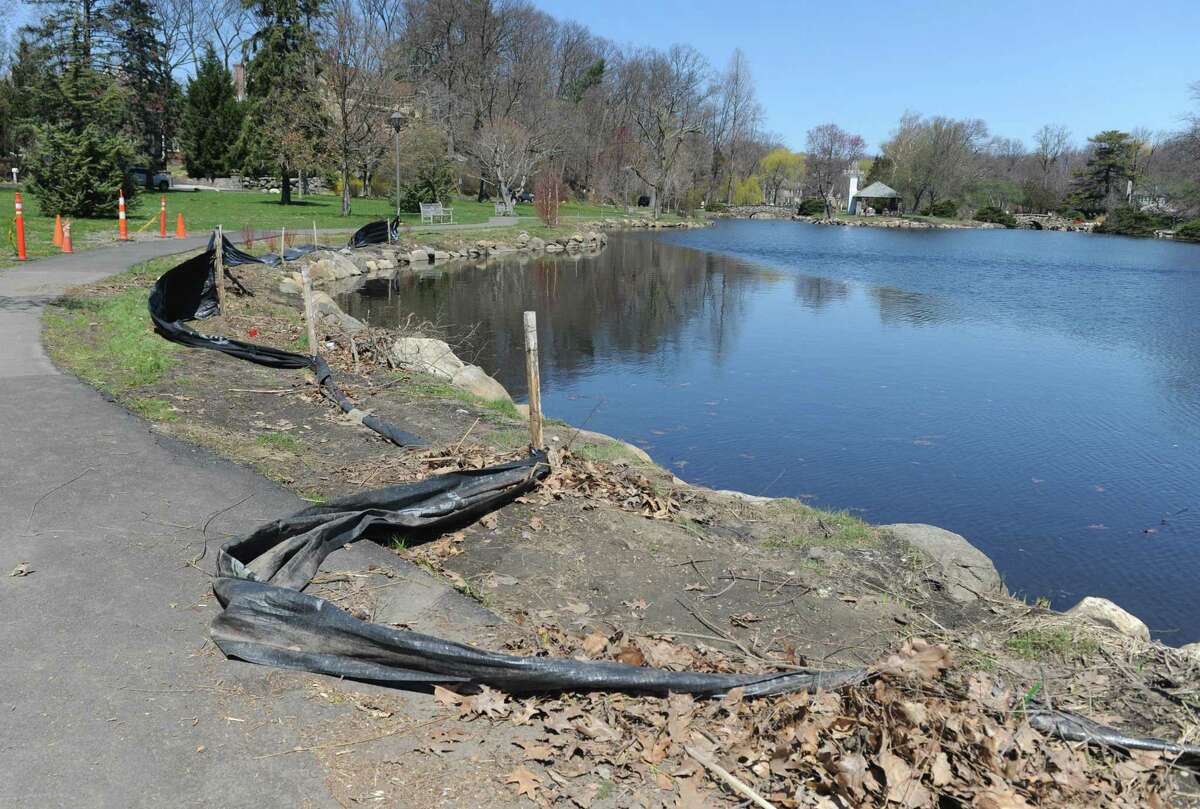 Signs of spring can be seen among remnants of the dredging project at Binney Park in Old Greenwich, Conn. Monday, April 23, 2018. Residents are objecting to remove 20 trees from the park and replace them with a species that can better withstand flooding.