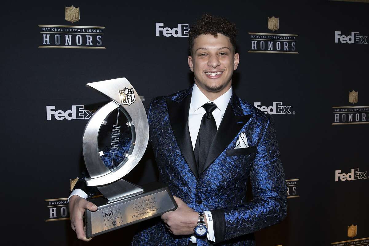 IMAGE DISTRIBUTED FOR FEDEX - Patrick Mahomes, of the Kansas City Chiefs, accepts the 2018 FedEx Air Player of the Year Award, at the NFL Honors at the Fox Theatre on Saturday, Feb. 2, 2019, in Atlanta. FedEx donated $20,000 in his name to the USO. FedEx is the Official Delivery Service Sponsor of the NFL. (Omar Vega/AP Images for FedEx)