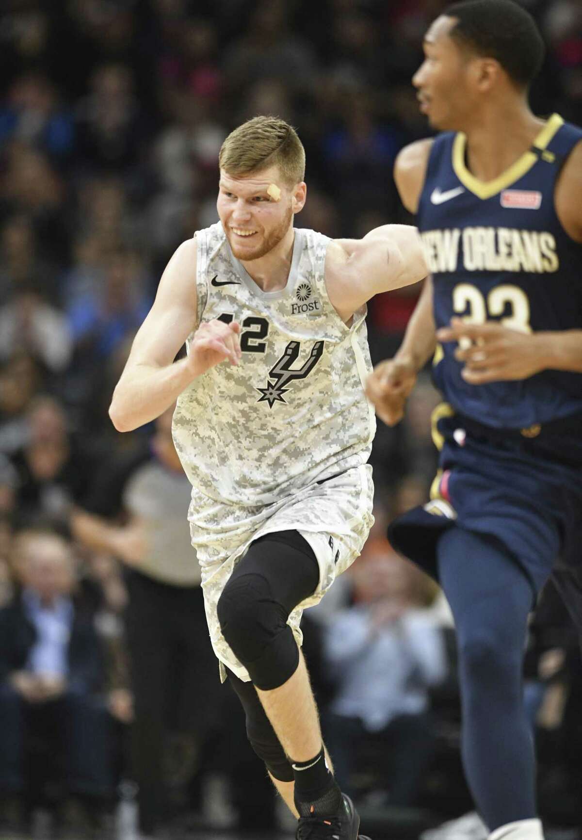 Davis Bertrans of the San Antonio Spurs runs to defend after scoring against the New Orleans Pelicans during NBA action in the AT&T Center on Saturday, Feb. 2, 2019.