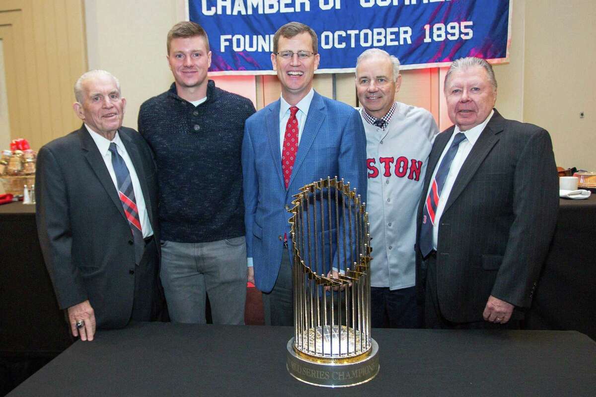 President of the Boston Red Sox Sam Kennedy, who brought along the 2018 Major League Baseball Commissioner’s Trophy, spoke at the recent Middlesex County Chamber of Commerce member breakfast. From left are Chamber President Larry McHugh, Green Bay Packers Football Player Tim Boyle, Kennedy, Executive Vice President of the Commercial Real Estate Division at Webster Bank William E. Wrang III and Chamber Chairman Jay Polke.