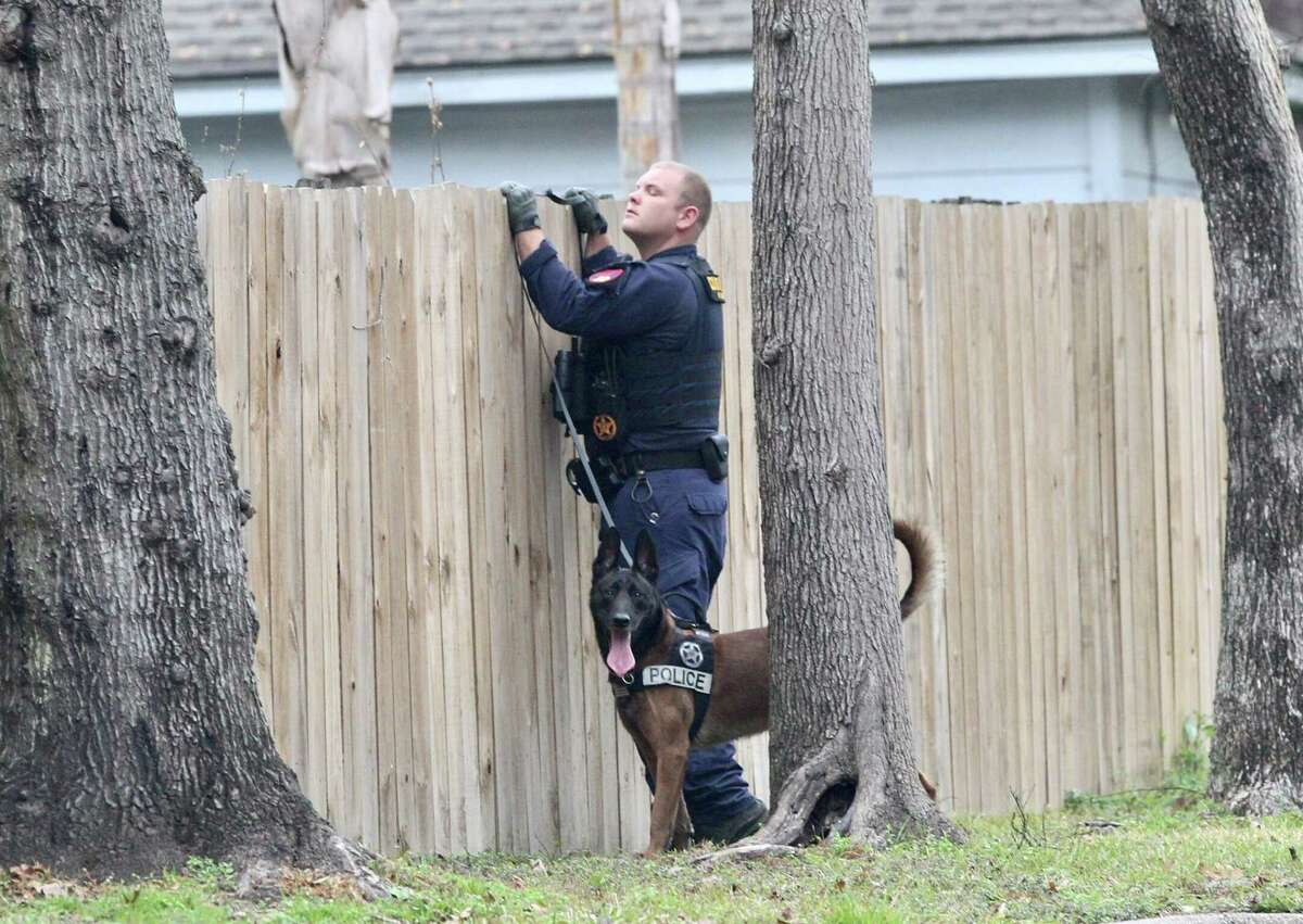 A K-9 unit with the Harris County Constable’s Office checks a residential area for prisoner Cedric Joseph Marks after he escaped from his private prisoner transport near North Loop 336 and Highway 75, Sunday, Feb. 3, 2019, in Conroe.