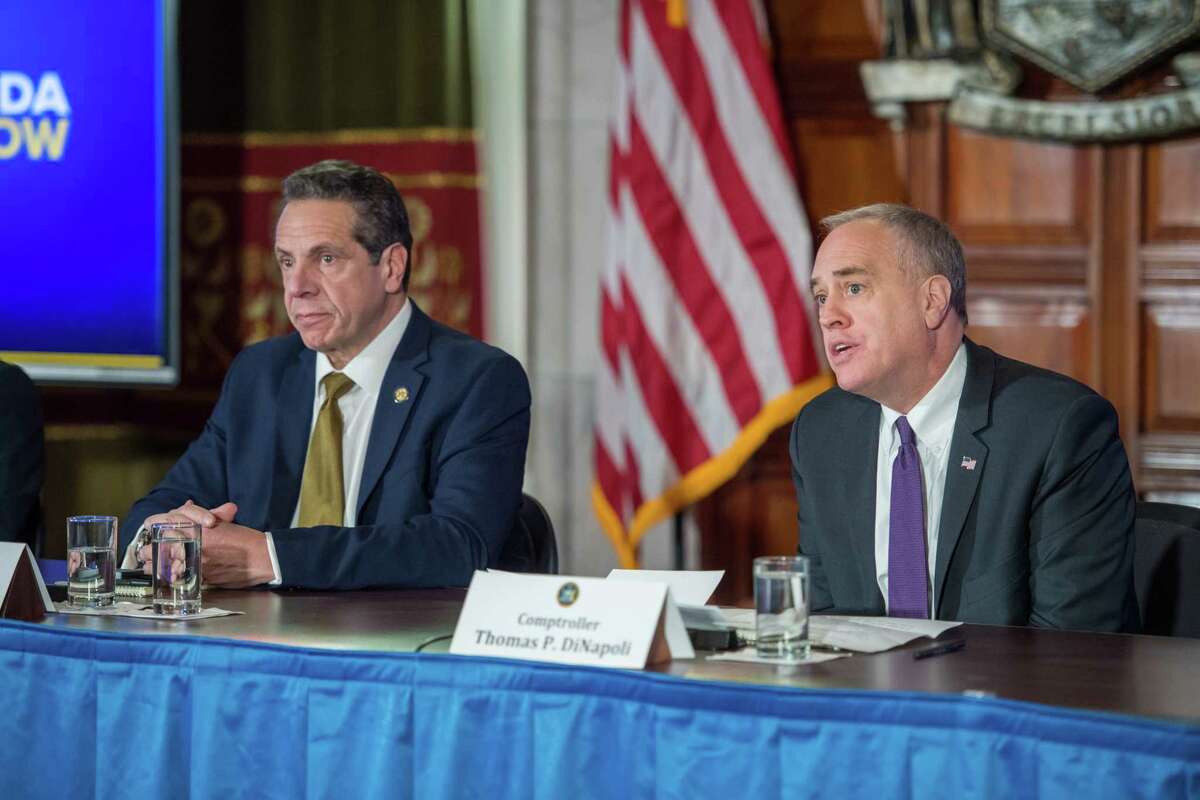 Gov. Andrew Cuomo, state Comptroller Tom DiNapoli and Budget Director Robert Mujica outline declining revenue collections for the state on Monday, Feb. 4, 2019. (Gov. Andrew Cuomo Flickr)