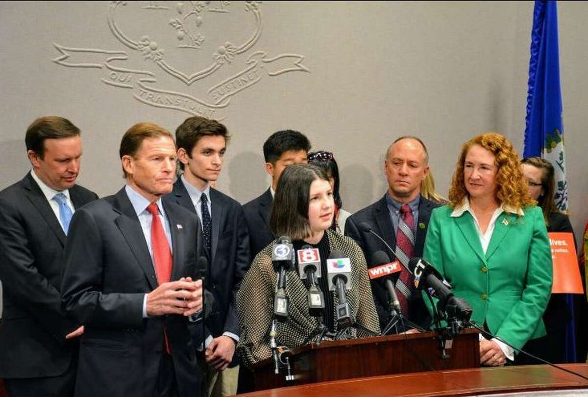 Lane Murdock of Ridgefield is one of 28 high school students to receive a fellowship from the Giffords Law Center, which entails trips to Washington to meet with lawmakers and share their youthful perspective on gun violence. She appears at a news conference with Sens. Chris Murphy and Richard Blumenthal, and Rep. Elizabeth Esty.