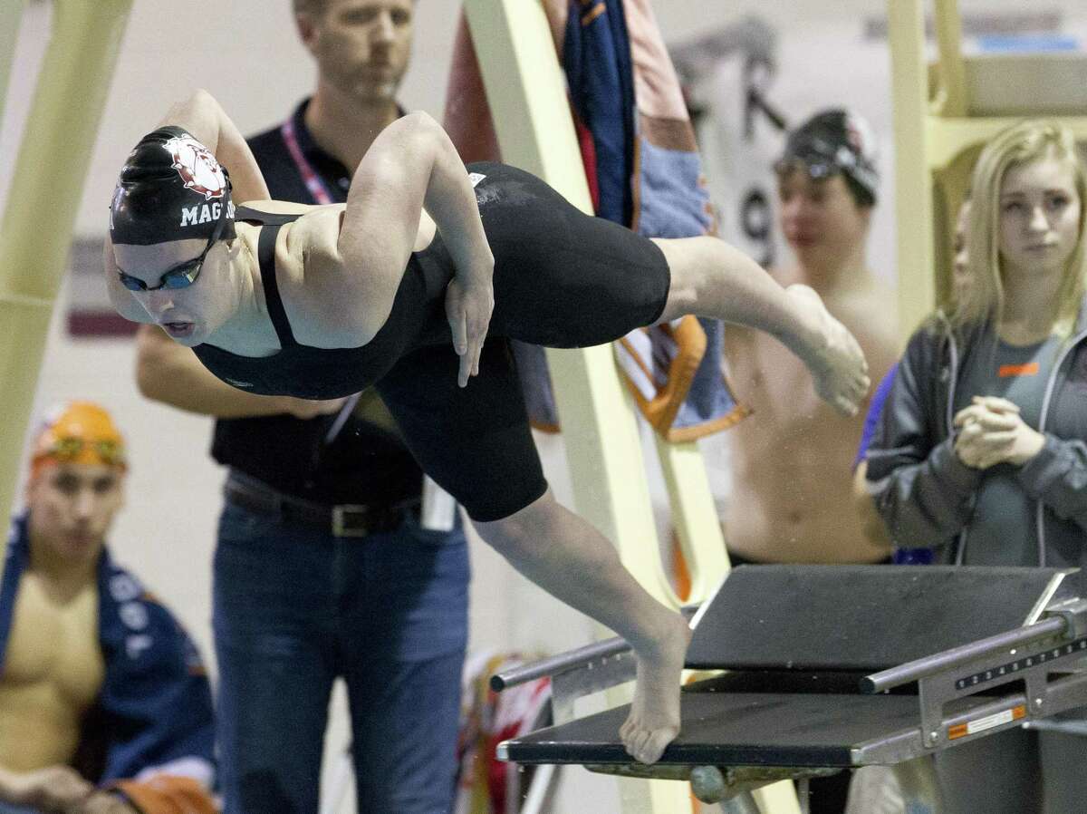 Magnolia’s Kiley Moriarty competes in the girls 200-freestyle during the Region VI-5A Swimming & Diving Championships at the Michael D. Holland Aquatic Center, Saturday, Feb. 3, 2018, in Magnolia.