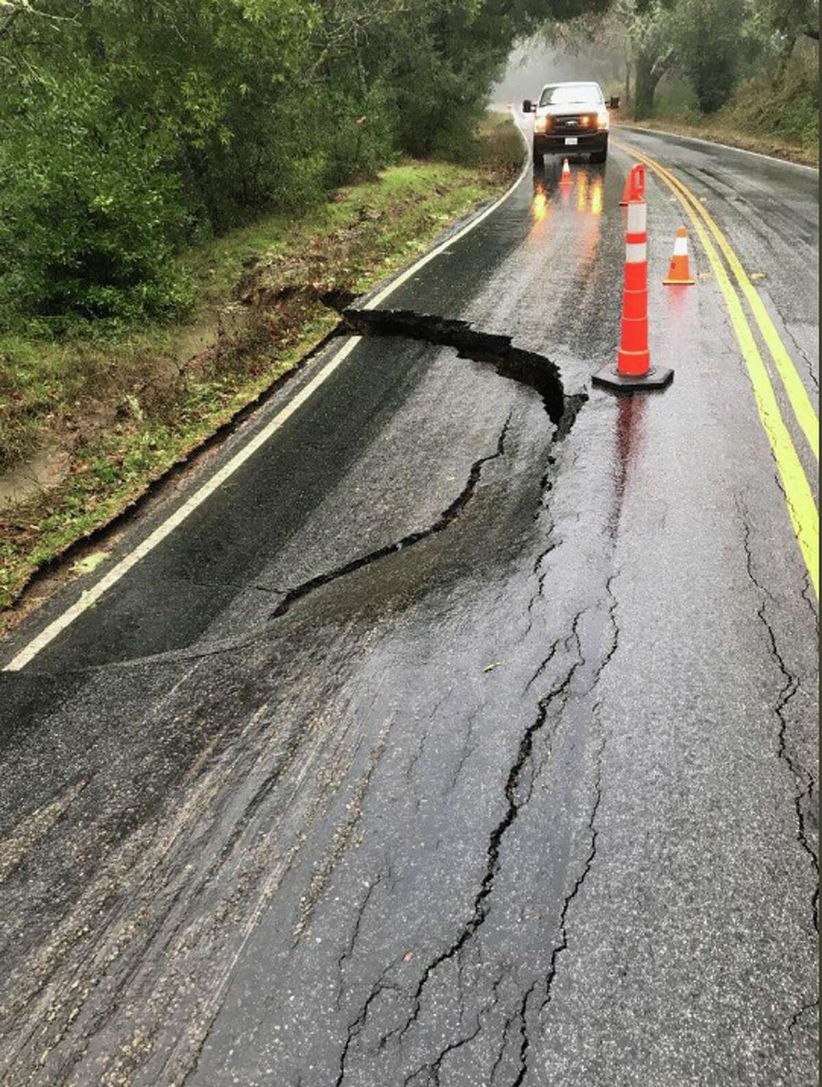 A sinkhole forced the closure of State Route 35, or Skyline Boulevard, on the San Mateo/Santa Clara County border on Feb. 4, 2019.