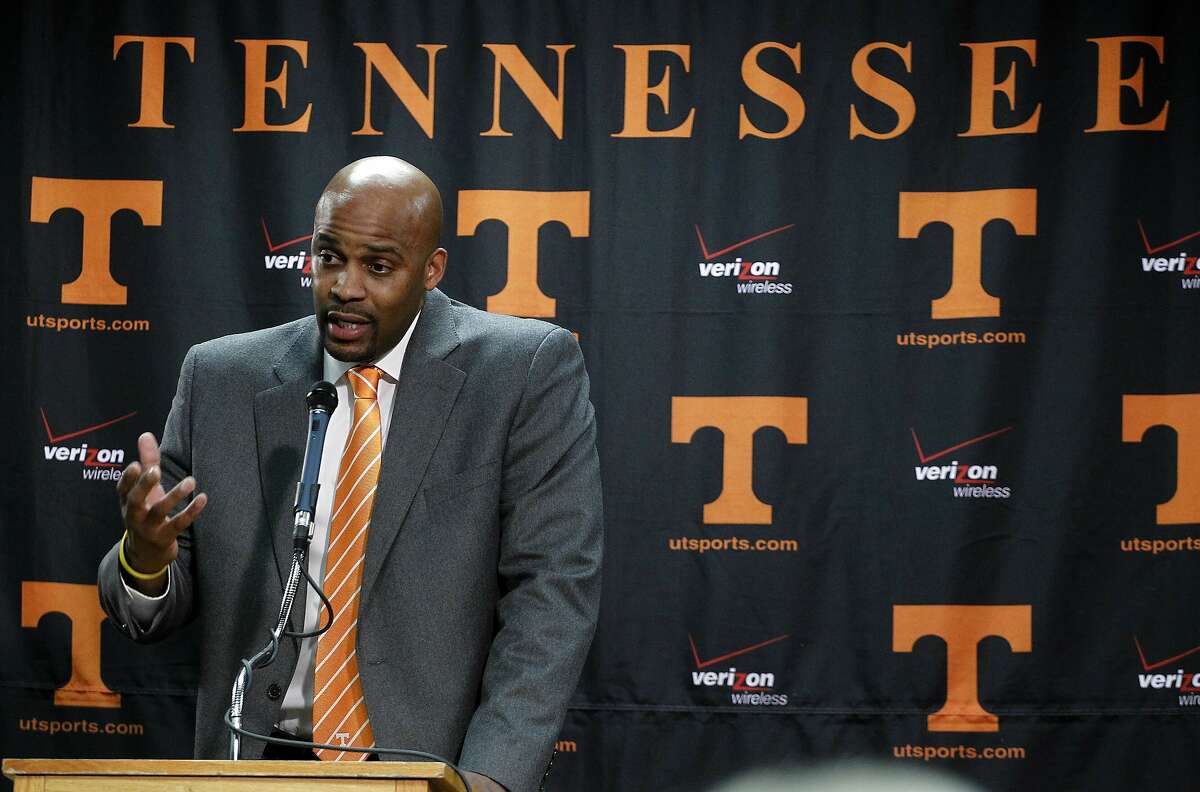 FILE - In this March 28, 2011 file photo Cuonzo Martin speaks to reporters during a news conference in Knoxville, Tenn. Martin was head coach at Missouri State, an assistant at Purdue and a college basketball player. Martin returns to Thompson-Boling Arena as a visiting coach for the first time Tuesday, Feb. 5, 2019 when his Missouri team faces the top-ranked Volunteers. Martin, who coached Tennessee from 2011-14 but never won over the fan base, now must try to snap the Vols’ school-record 16-game winning streak. (AP Photo/Wade Payne, file)