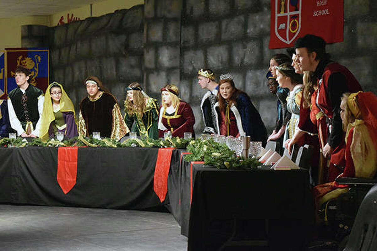 Jacksonville High School choir members entertained the guests at Saturday evening’s madrigal dinner at the school. The performance was an adaptation of “The Wife of Bath” from Geoffrey Chaucer’s “The Canterbury Tales.” The Queen and her court sent a knight on a quest and sang while guests were served dinner.