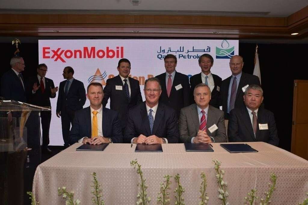 Executives with McDermott International, ExxonMobil, Zachry Group and Chiyoda International after signing a Tuesday morning construction deal for the Golden Pass LNG export terminal project near Port Arthur.