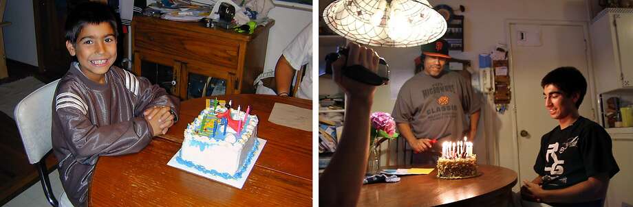 (Left to right) 1. Kyle Gamboa, 9, smiles for his birthday at his home in Sacramento, Calif. on June 23, 2004. 2. Kyle Gamboa, 18, celebrates his last birthday with his family at their home in Sacramento, Calif., on June 23, 2013. His older brother Manuel III, 20, left, films Kyle blowing out the candles, his father, Manuel Jr., smiles in the background and his mother, Kymberlyrenee, takes this photo. Photo: Courtesy Gamboa Family