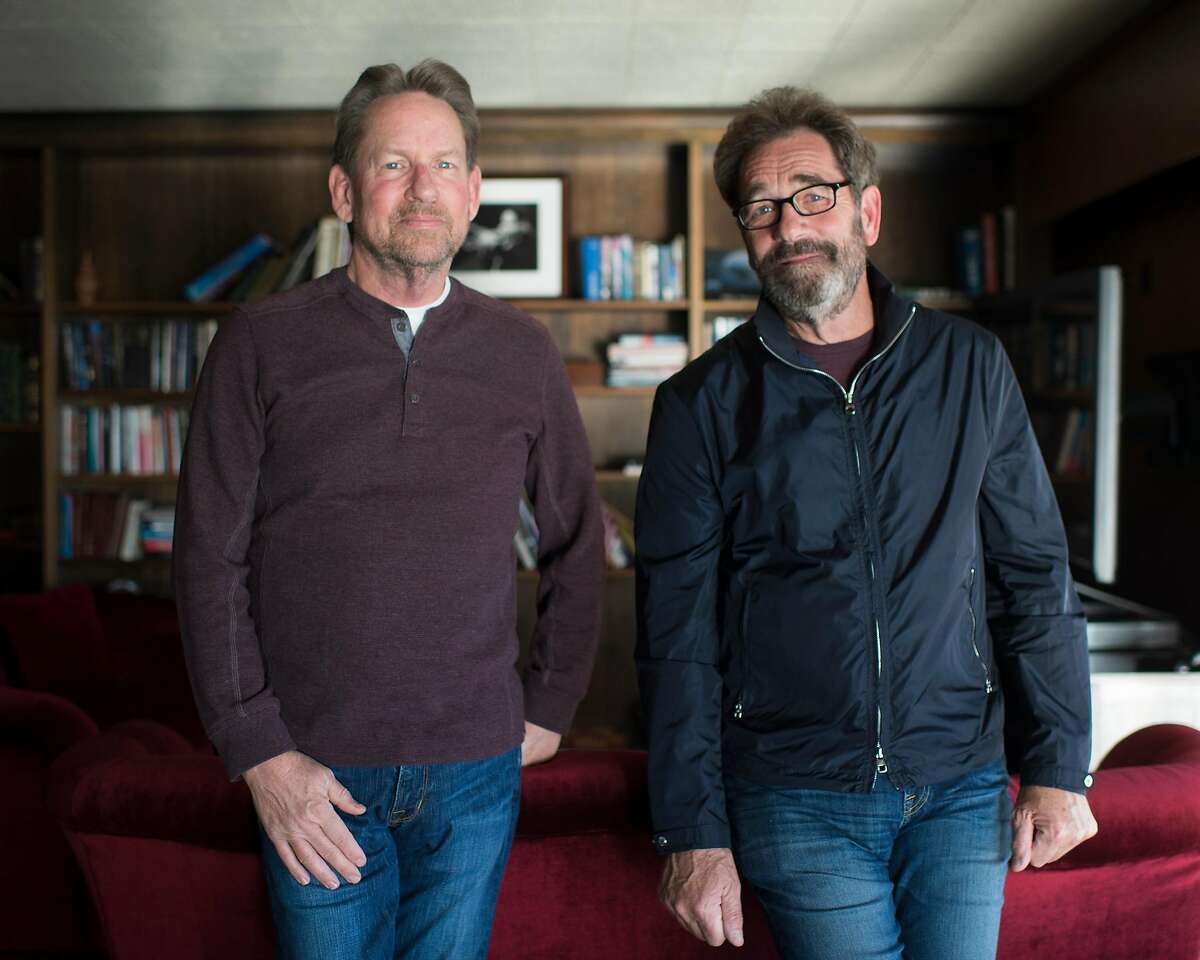 Musician Huey Lewis (right) and his longtime friend and drummer Bill Gibson in Pebble Beach, Calif. on Feb. 5, 2019.
