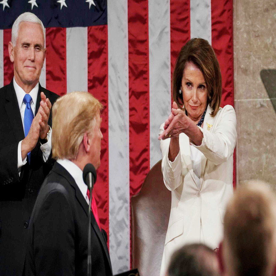 President Donald Trump turns to House speaker Nancy Pelosi of Calif., as he delivers his State of the Union address to a joint session of Congress on Capitol Hill in Washington, as Vice President Mike Pence watches, Tuesday, Feb. 5, 2019. Photo: Doug Mills / Copyright 2019 The Associated Press. All rights reserved.