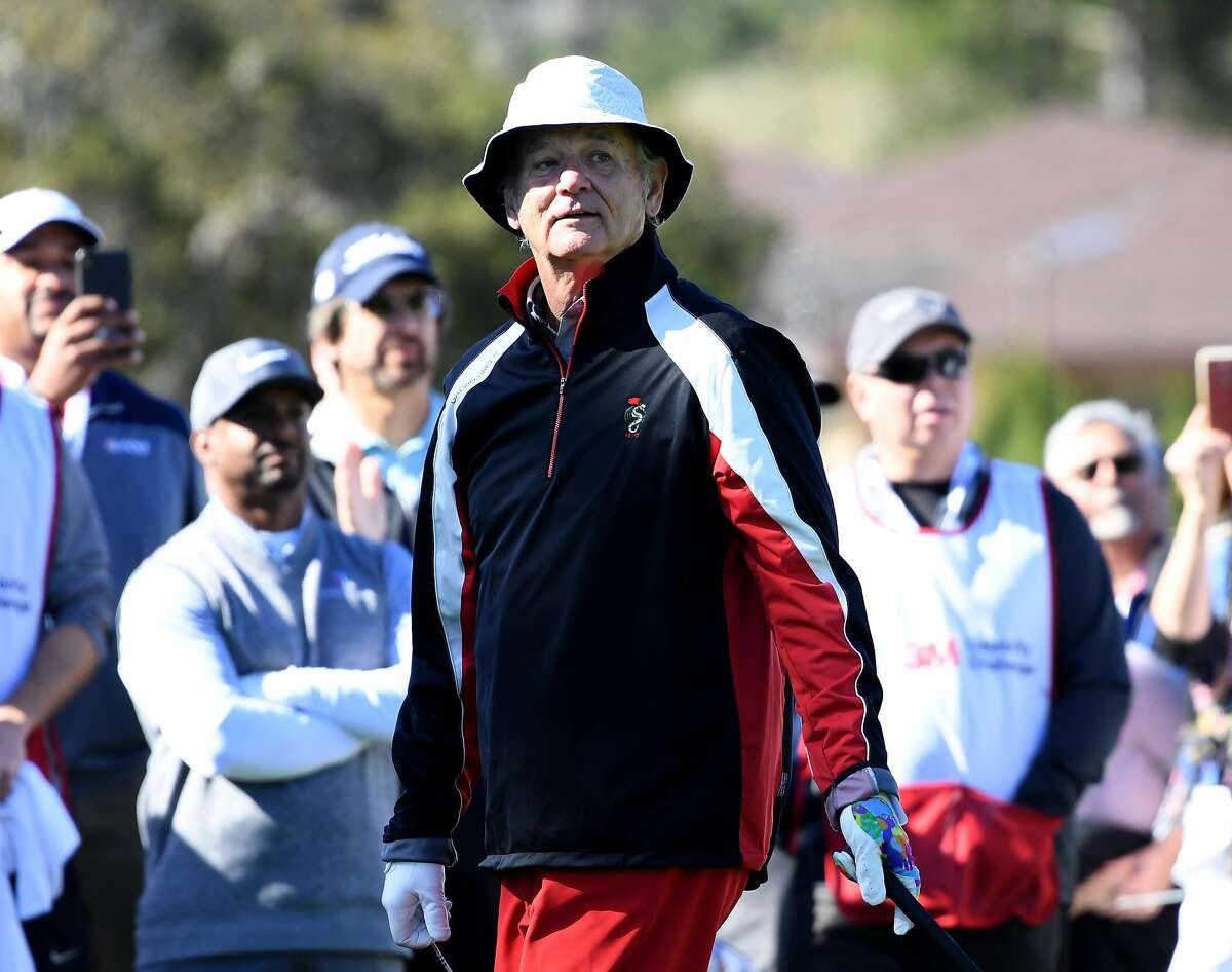 PEBBLE BEACH, CALIFORNIA - FEBRUARY 06: Actor Bill Murray reacts to his tee shot on the first hole during the 3M Celebrity Challenge at the AT&T Pebble Beach Pro-Am on February 06, 2019 in Pebble Beach, California. (Photo by Harry How/Getty Images)