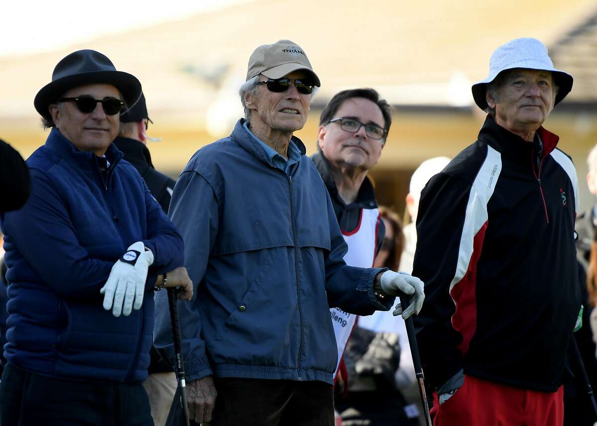 PEBBLE BEACH, CALIFORNIA - FEBRUARY 06: (L-R) Actors Andy Garcia, Clint Eastwood and Bill Murray look off the first tee during the 3M Celebrity Challenge at the AT&T Pebble Beach Pro-Am on February 06, 2019 in Pebble Beach, California. (Photo by Harry How/Getty Images)