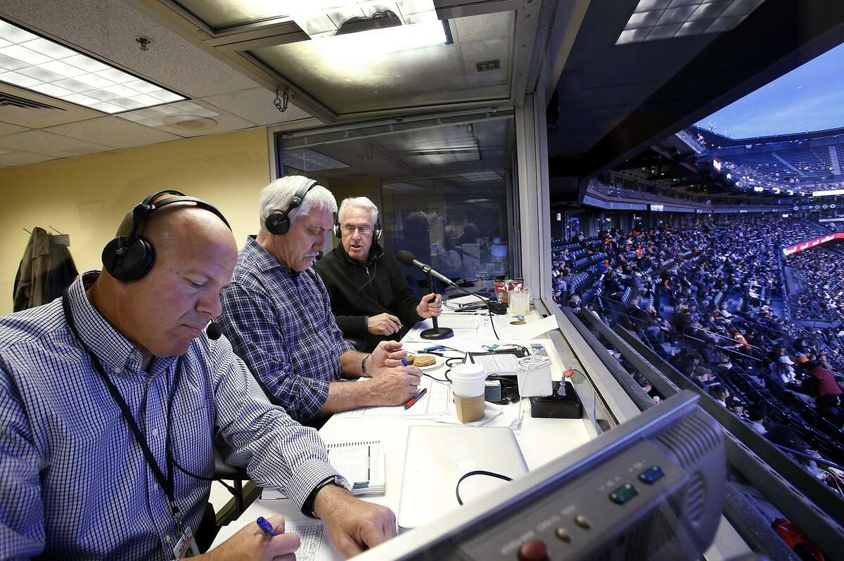 L-r, Oakland A's broadcasters Vince Cotroneo, Ray Fosse and Ken Korach call the game from the visitors' booth as the San Francisco Giants played the Oakland Athletics in a pre-season game at AT&T Park in San Francisco, Calif., on Thursday, March 27, 2014. Broadcasters throughout the game are bombarded by countless statistics which dissect a player's success to the finest detail. While some broadcasters use them, others prefer call their games with good old fashioned research done firsthand.