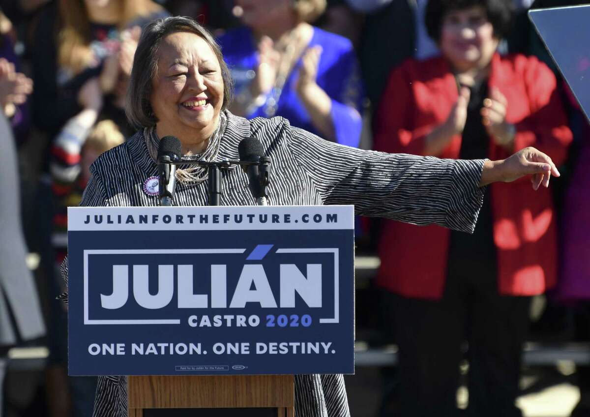 Rosie Castro, mother of Julian Castro, who has announced that he is running for president of the United States, speaks on his behalf at Plaza Guadalupe on Saturday, Jan. 12, 2019.