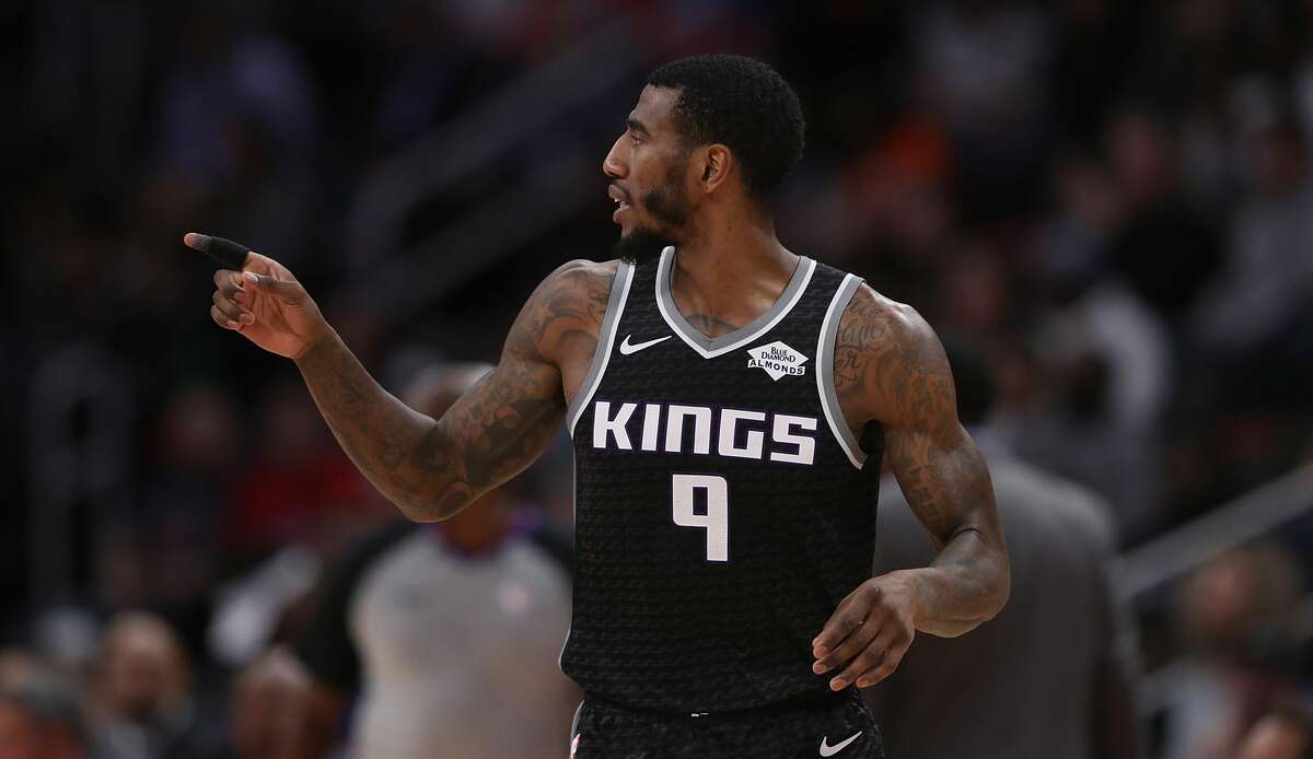 DETROIT, MI - JANUARY 19: Iman Shumpert #9 of the Sacramento Kings points to the bench during the second quarter of the game against the Detroit Pistons at Little Caesars Arena on January 19, 2019 in Detroit, Michigan. Sacramento defeated Detroit 103-101. NOTE TO USER: User expressly acknowledges and agrees that, by downloading and or using this photograph, User is consenting to the terms and conditions of the Getty Images License Agreement (Photo by Leon Halip/Getty Images)