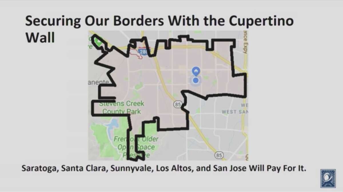 A screenshot of Cupertino Mayor Steven Scharf's State of the City address shows a fictional wall border around the city, a joke referencing President Donald Trump's proposed border wall.